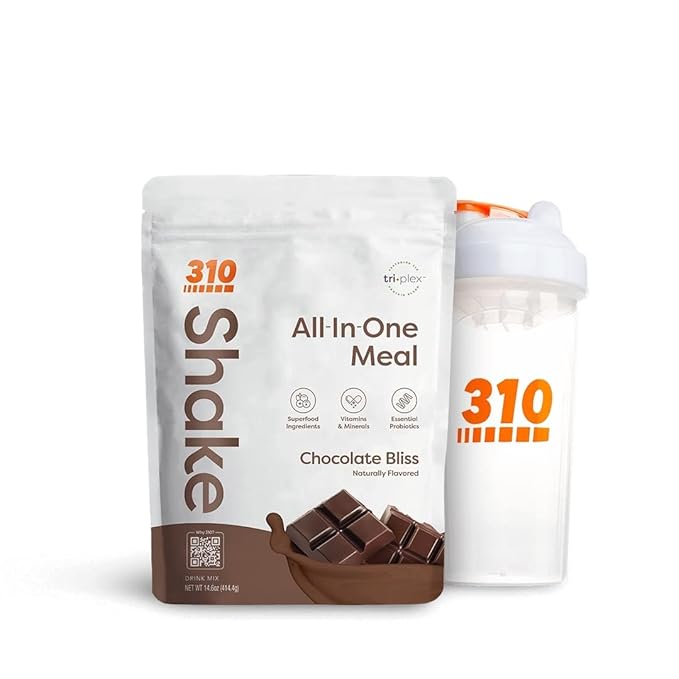 310 Nutrition Meal Replacement Shake Powder Starter Kit with Shaker Cup – Vegan Protein Fiber &amp Superfood Blend – Sugar-Free Low Carb Keto &amp Paleo Friendly – Chocolate Bliss - 14 Servings