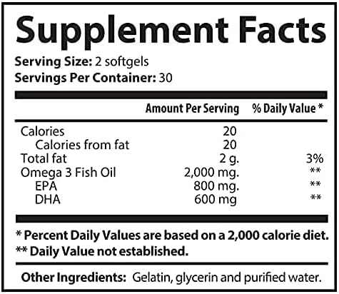 Fish Oil 2000 mg Omega-3 Fatty Acids EPA and DPA Daily Supplement for Men and Women Advanced Formula to Support Heart Eye Bone Joint Health Made in USA 60 Soft Gel Capsules (5pk)