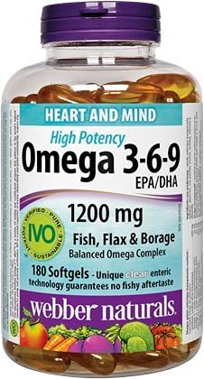 Webber Naturals Omega 3-6-9 High Potency 1200 mg · Fish Flax &amp Borage 180 softgels