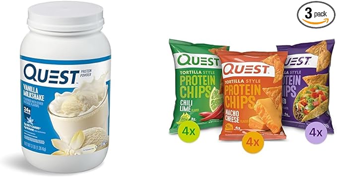 Quest Nutrition Vanilla Milkshake Protein Powder 24g of Protein 1g of Sugar 3 Pound 43 Servings &amp Tortilla Style Protein Chips Variety Pack Chili Lime Nacho Cheese Loaded Taco