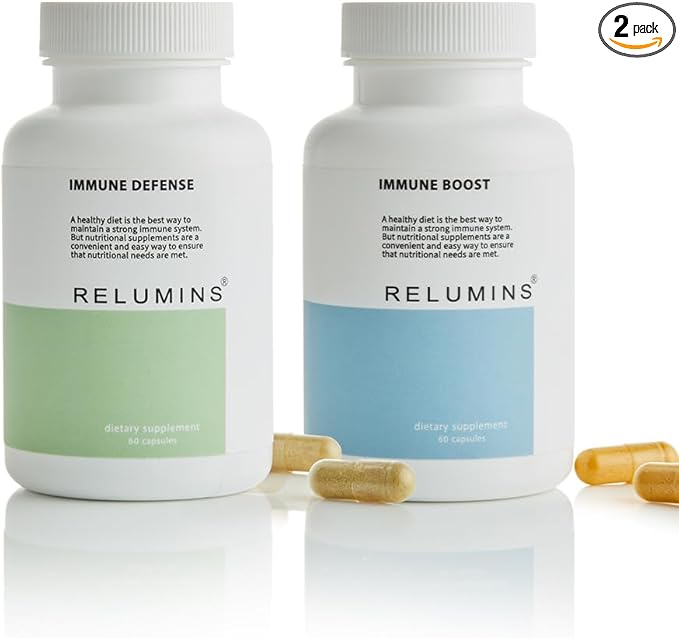 Relumins Immune Boost &amp Immune Defense Supplement Set – Daily Capsules with Vitamins C D3 K1 Zinc Selenium Lactoferrin Echinacea &amp Bioflavonoids for Complete Immune Support