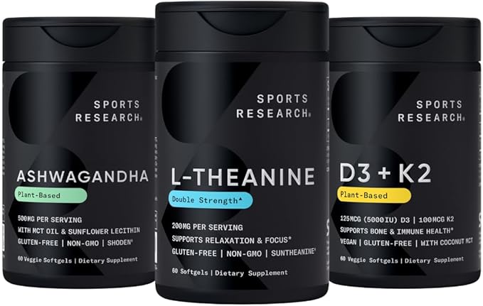 Sports Research Vitamin D3 K2 with Coconut Oil Ashwagandha Softgels with Coconut MCT Oil &amp Double Strength L-Theanine Supplement - Suntheanine Softgels for Focus Relaxation &amp Alertness