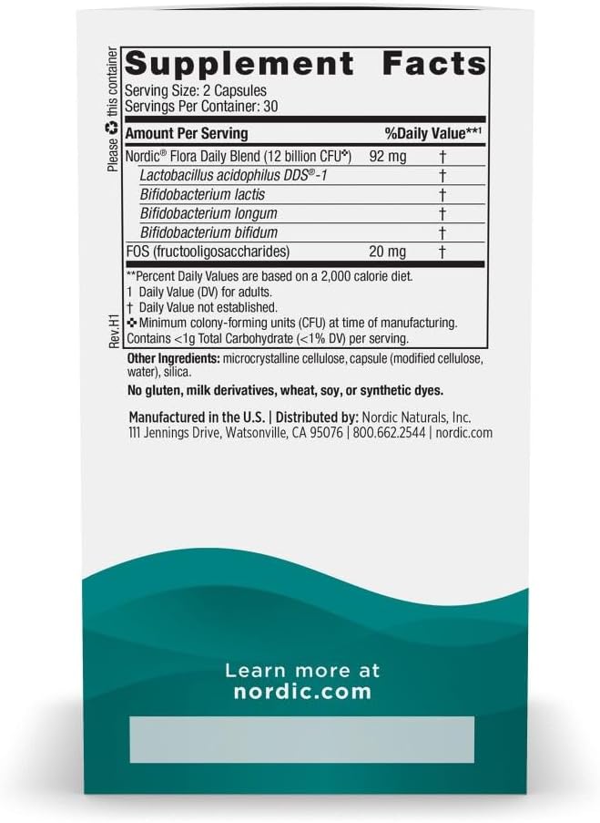 Nordic Naturals Nordic Flora Probiotic Daily - 60 Capsules - 4 Probiotic Strains with 12 Billion Cultures - Optimal Wellness Immune Support Digestive Health - Non-GMO Vegan - 30 Servings