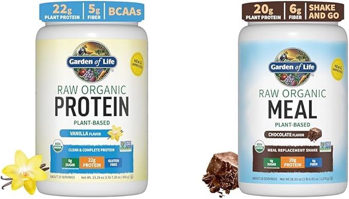 Garden of Life Organic Vegan Vanilla Protein Powder 22g &amp Digestive Enzymes for Easy Digestion – Non-GMO &amp Raw Organic Meal Replacement Shakes - Chocolate Plant Based Vegan Protein Powder