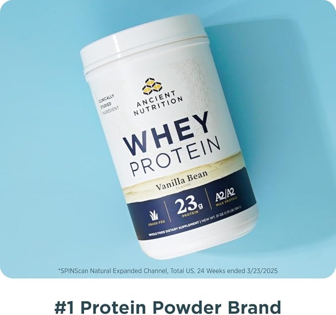 Ancient Nutrition Grass Fed Whey Protein 23g Protein Hydrolyzed Collagen Peptides Organic Regenerative A2/A2 Milk Protein (35 Servings Vanilla Bean)