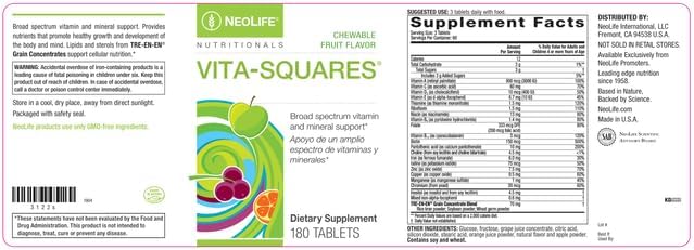 NeoLife Vita-Squares - Chewable Multivitamin for Kids 18 Essential Vitamins &amp Minerals Iron Zinc Vitamin D3 B-Complex Vitamin for Kids MultiVitamin C &amp E Berry-Citrus Flavor 180 Tablet