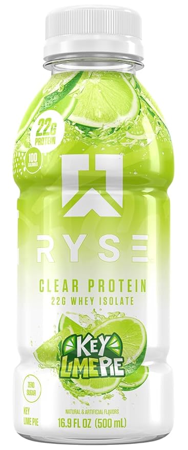 RYSE Clear Protein Shake - Key Lime Pie - 100 Calories 22g Whey Isolate Protein Sugar-Free 0g Fat &amp Lactose-Free - Refreshing Ready-to-Drink Beverage - 16.9 fl oz Bottle (1-Pack)