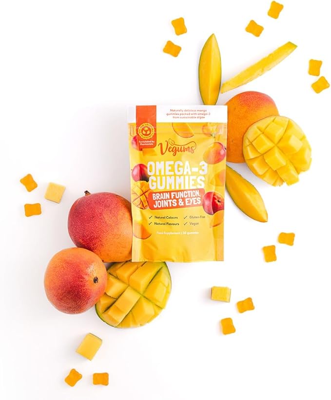 Vegums Fish-Free Omega-3 Gummies - 60 Orange-Flavored Algae-Based Omega-3 (DHA) &amp Vitamin E Supplement for Kids &amp Adults - Vegan &amp Vegetarian Friendly