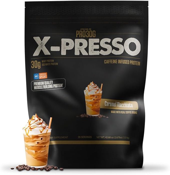 ATHLEAN-X PRO-30G Xpresso Premium Caffeinated Protein Powder Caramel Macchiato Gluten-Free Low Sugar 30g of High Protein Powder for Muscle Recovery &amp Growth NSF Certified for Sports