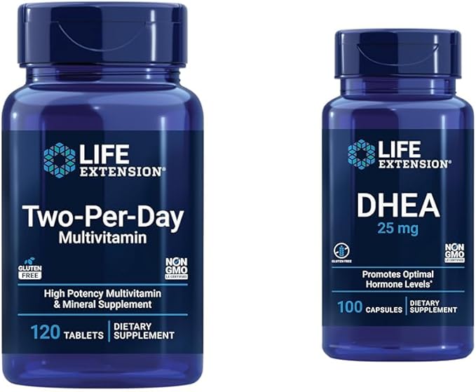 Life Extension Two-Per-Day Multi-Vitamin &amp Mineral 120 Tablets and DHEA 25mg 100 Capsules Bundle