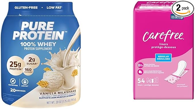 Pure Protein Powder Whey High Protein Low Sugar Gluten Free Vanilla Cream 1.75 lbs &amp Carefree Panty Liners Regular Liners Wrapped Unscented 54ct (Packaging May Vary)