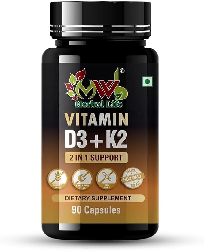 Vitamin D3 K2 Capsules | 90 Veg Capsules | 2 in 1 Support for Heart Health | Strong Bones &amp Muscle Strength | Immunity &amp Mood Booster | Dietary Supplement