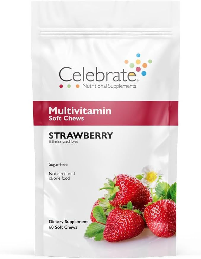 Celebrate Vitamins Bariatric Multivitamin Soft Chews - Essential Vitamins &amp Minerals Sugar &amp Gluten Free - Gastric Bypass &amp Sleeve Gastrectomy Supplement - Strawberry (60ct)