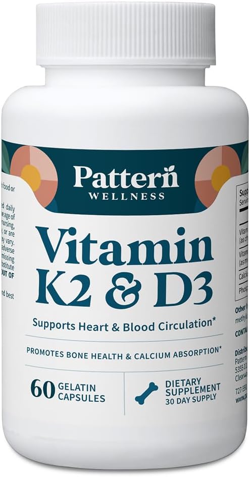 Pattern Wellness Vitamin K2 &amp D3 Supplement with Calcium – Bone Health Circulatory Wellness &amp Immune Support - Non-GMO - 60 Capsules