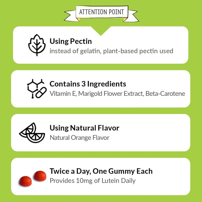 Lutein Eye Health Gummies – Marigold Extract with Vitamin E &amp Beta-Carotene – Orange Flavor Chewable Supplement (60 Gummies)
