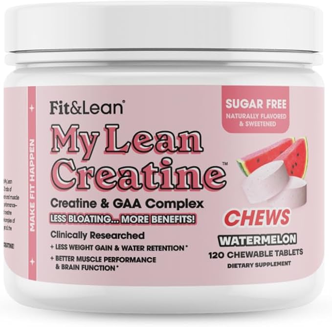 Fit &amp Lean Creatine for Women My Lean Creatine Chewable Tablets Creatine Monohydrate with GAA Muscle Performance Cognitive Function No Bloating Reduced Water Retention Watermelon 30 Servin