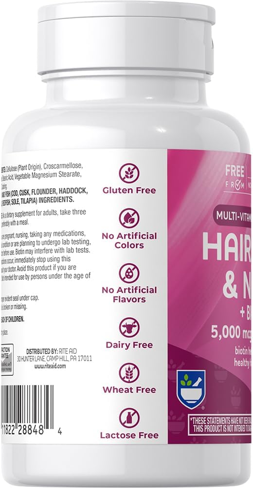 Rite Aid Hair Skin &amp Nails Caplets 5000mcg of Biotin 120 Count Support Healthy and Strong Hair Skin &amp Nail Growth with Vitamin B