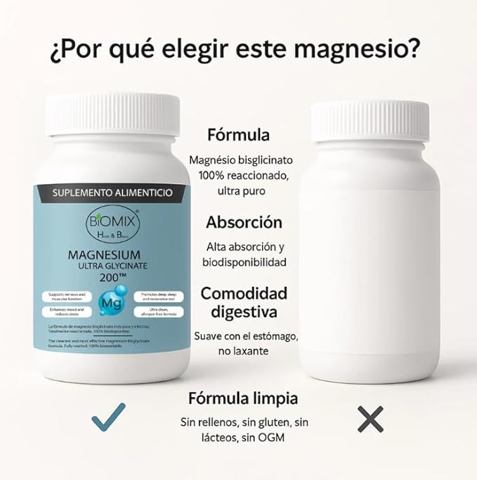 Biomix Magnesium Ultra Glycinate 200 – 200 mg Elemental Magnesium per Capsule – 90 Vegan DRcaps 45–90 Day Supply – Highly Bioavailable Gentle on Stomach No Oxide Gluten Free Non-GMO