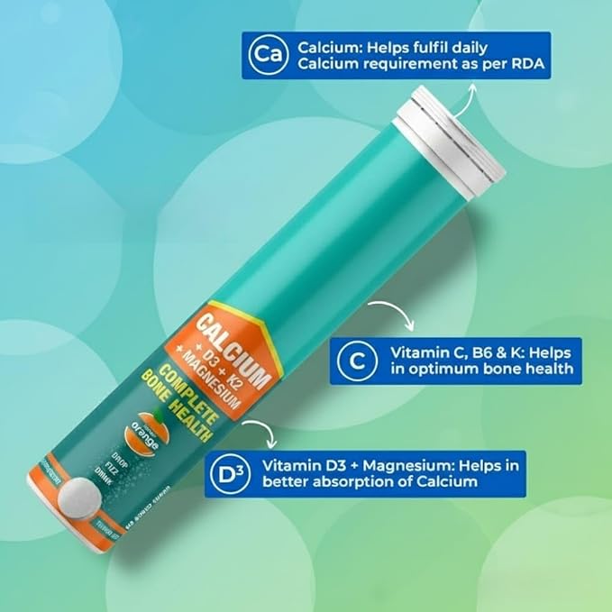 Calcium with Essential Vitamin D3 for Complete Health Support - Vitamin D3 Calcium &amp Magnesium Combination for Better Absorption (20 Tablets Orange Flavour)