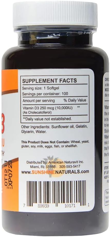 Sunshine Naturals Vitamin D3 Dietary Supplement. High Strength for Immune System Support Bone Health Mood Boost and Muscle Function. 250mcg. 100 Gels. Pack of 2