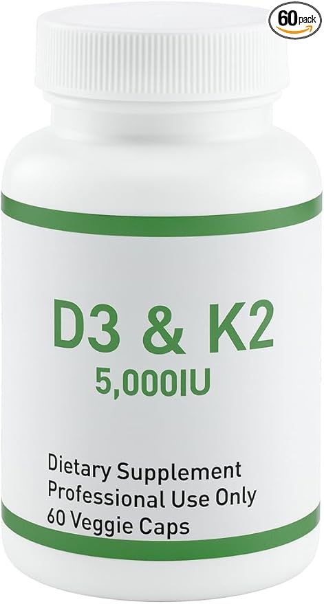 Professional D3 &amp K2 Supplement 5000IU Vitamin D3 with K2 MK-7 60 Veggie Capsules Supports Bone and Cardiovascular Health