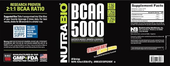 NutraBio BCAA 5000 Powder - Vegan Fermented BCAAs - Supports Lean Muscle Growth Recovery Endurance - 60 Servings - Strawberry Lemon Bomb