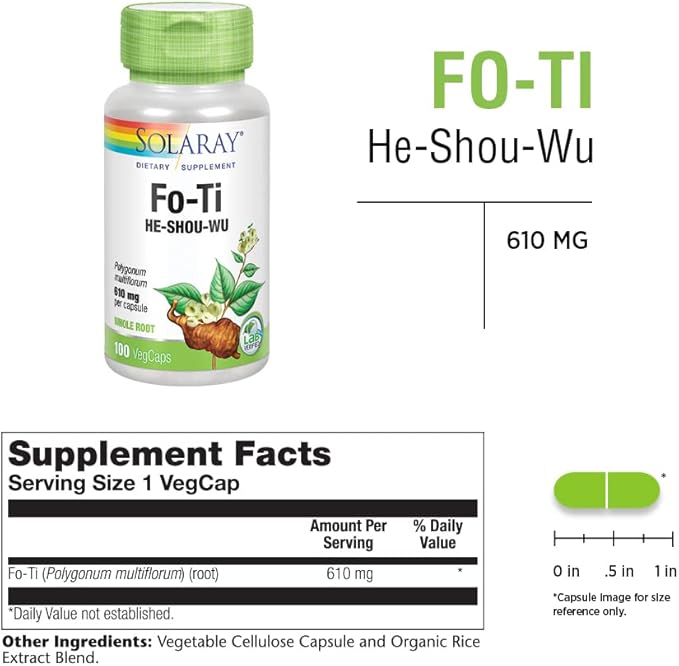 SOLARAY Fo-Ti 610 mg | Healthy Liver Kidney Hormone &amp Longevity Support | Hair Skin &amp Nails | Vegan | 100 VegCaps