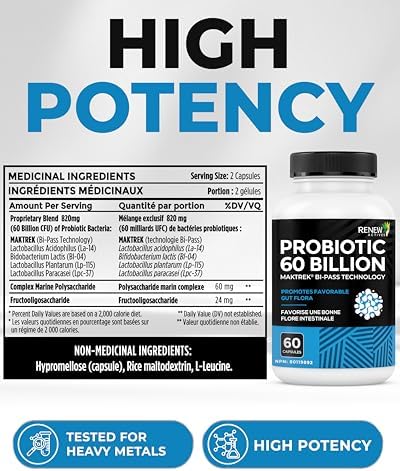 Renew Actives Probiotic Supplement for Digestive Health 60 Billion CFU per 2 Capsules - Advanced Formula with Prebiotic Benefits - Supports Gut Flora Balance &amp Wellness - Made in Canada - 60 Capsu