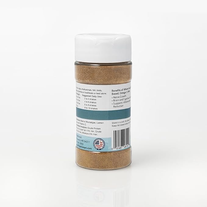 Omega-3 Krumble DHA for Pets in 100 Gram Shaker Top Jar. Pure Un-extracted Marine Micro-Algae Provides Pets Complete Whole Food derived Essential Fatty Acids for Total Body Support.