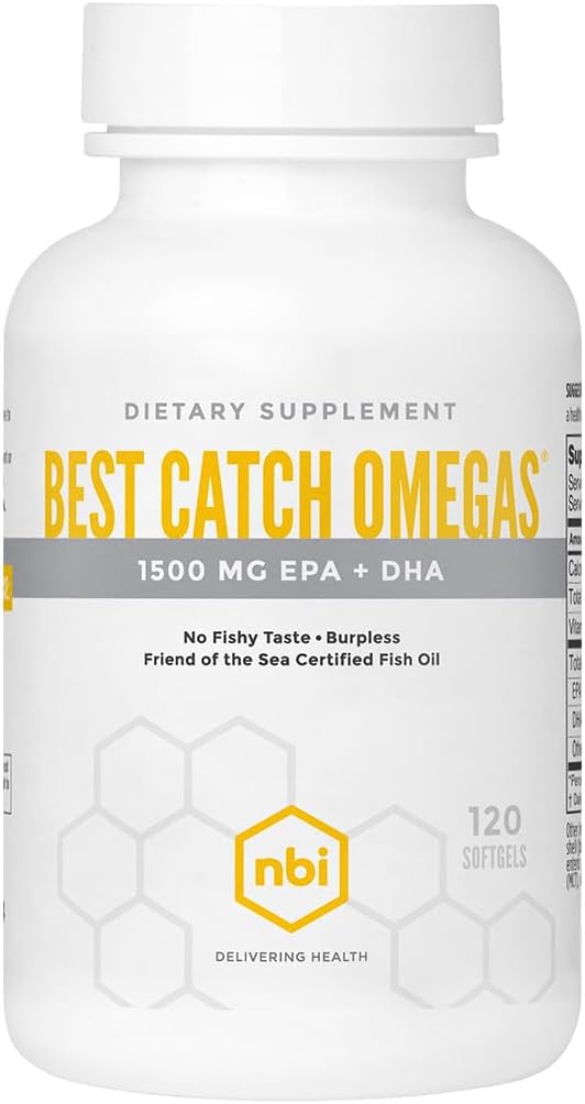 NBI Best Catch Omegas High Potency Omega-3 | EPA + DHA for Heart Brain Support | Best Absorption | Sustainably Sourced | Burpless Formula | Natural Lemon Scent | 120 Softgel Capsules