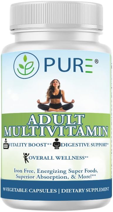 PURE® Adult Multivitamin Iron Free - 90 Vegetable Capsules 30 Servings - High Potency Daily Wellness with Energizing Superfoods B12 &amp Zinc - Digestive Enzymes for Superior Absorption - Made in U