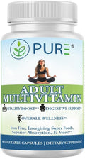 PURE® Adult Multivitamin Iron Free - 90 Vegetable Capsules 30 Servings - High Potency Daily Wellness with Energizing Superfoods B12 &amp Zinc - Digestive Enzymes for Superior Absorption - Made in U