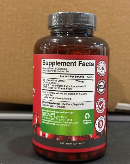 Natures Craft Extra Strength Tart Cherry Capsules - Tart Cherry Extract Capsules for Uric Acid Cleanse for Kidney Support - Fruit Extract Supplement for Urinary Tract Health &amp Joint Support - 240