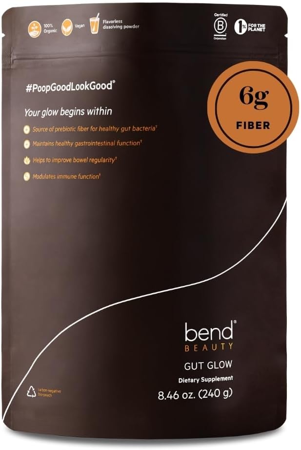 Bend Beauty Gut Glow | Daily Prebiotic Fiber Supplement Powder w/Tremella Mushroom Exract | Digestive Gut Health | 6g of Soluble Fiber per Serving | 100% Organic Vegan Sugar Free | Unflavored
