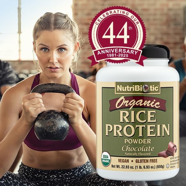 NutriBiotic Certified Organic Rice Protein Chocolate 22.9 Oz | Low Carbohydrate Vegan Protein Powder | Raw Certified Kosher &amp Keto Friendly | Made Without Chemicals GMOs &amp Gluten | Easy to