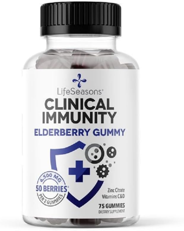 LifeSeasons Clinical Immunity - Elderberry Gummies - Supports a Healthy Immune System - 25 Elderberries Per Gummy - Maltodextrin-Free - Vitamin C Vitamin D3 Zinc &amp Elderberry Extract - 75 Gummie