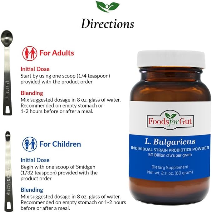 Foods For Gut Lactobacillus Bulgaricus Probiotic Powder 50 Billion cfu's | Made in USA | No Additives | Digestive &amp Immune Support | High Potency | L. Bulgaricus | 60 Grams (2.1 Oz)