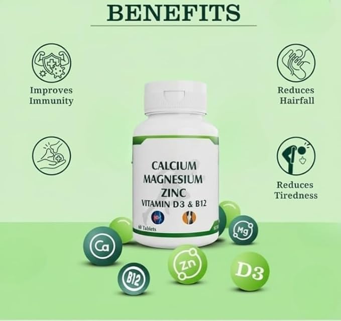 Calcium Supplement 1000 mg with Vitamin D Magnesium Zinc &amp Vitamin B 12 for Men &amp Women/for Immunity &amp Joint Support - 60 Tablets