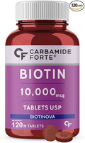 Carbamide Forte Biotin 10000mcg (High Potency) per Veg Tablet - Supports Hair Growth Glowing Skin and Strong Nails - Biotinova (120 Tablets)