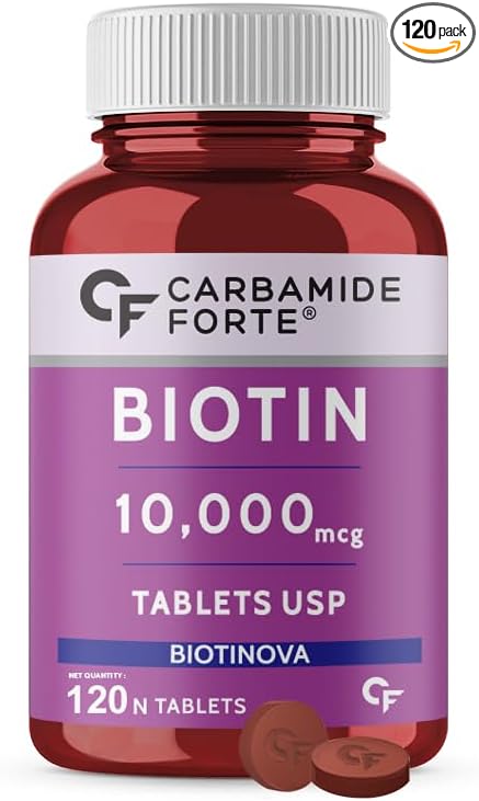 Carbamide Forte Biotin 10000mcg (High Potency) per Veg Tablet - Supports Hair Growth Glowing Skin and Strong Nails - Biotinova (120 Tablets)