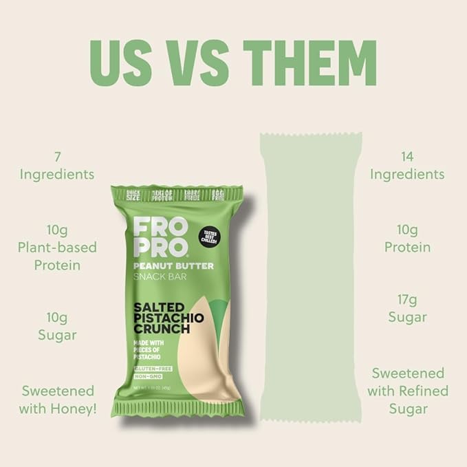 FROPRO Snack Bar - Peanut Butter Snack Bars - Gluten Free Dairy Free Soy Free Non GMO Plant Based Protein Snack Bar - Crave-worthy &amp Great On-the-Go | Pistachio Crunch 12 Pack