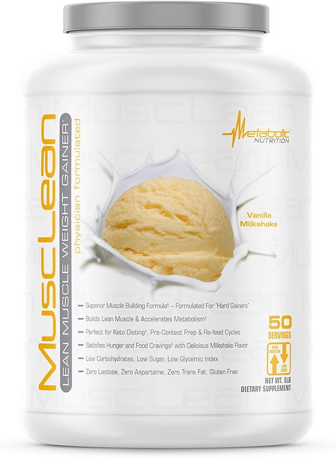 Metabolic Nutrition - Musclean - Milkshake Whey High Protein Meal Replacement Maintenance Nutrition Low Carb Keto Diet Digestive Enzymes Vanilla 5 Pound (50 ser)