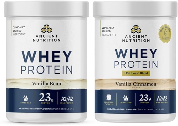Ancient Nutrition Grass-fed Whey Protein Powder Vanilla Bean 20 Servings + Grass-fed Whey + Fat Loss Protein Powder Vanilla Cinnamon 18 Servings