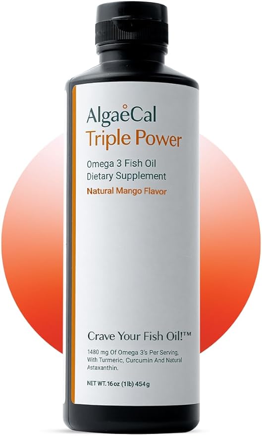 ALGAECAL Triple Power 1200mg EPA &amp DHA Omega 3 Fish Oil Supplement Supporting Brain Heart Skin &amp Bones Liquid Emulsion Mango Taste Burp-Less Sugar-Free Made in USA
