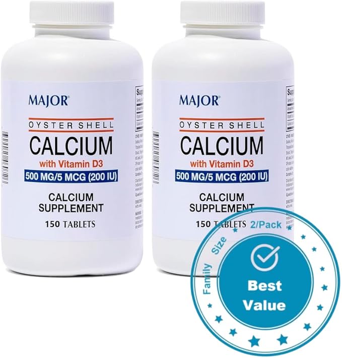 2/Pack Major Oyster Shell 500mg Calcium Tablets Vitamin D3 Bone &amp Muscle Support 300 Tablets for Adults Men &amp Women