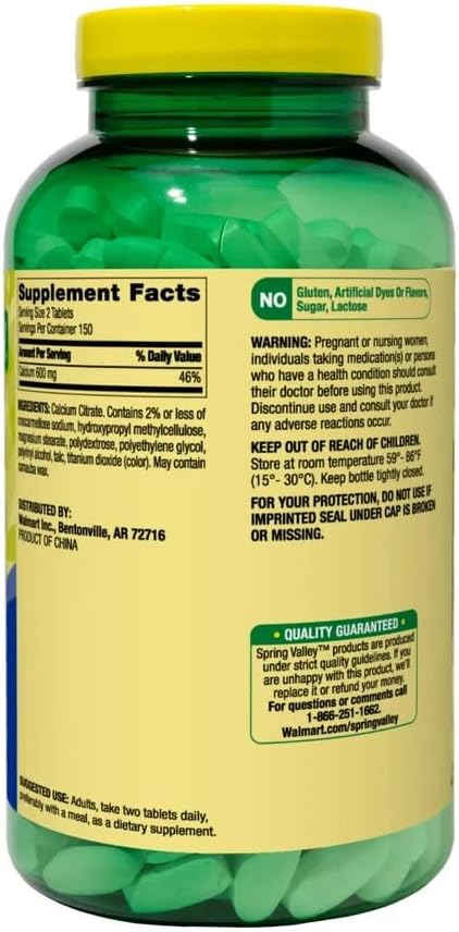 Spring Valley Calcium Citrate Tablets 600 mg per Serving Dietary Supplement 300 Count