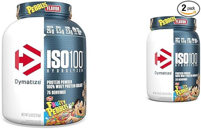 Dymatize ISO100 Hydrolyzed Fruity Pebbles Protein Powder Bundle 25g Protein 5.5g BCAAs 5 Pound + 20 Servings