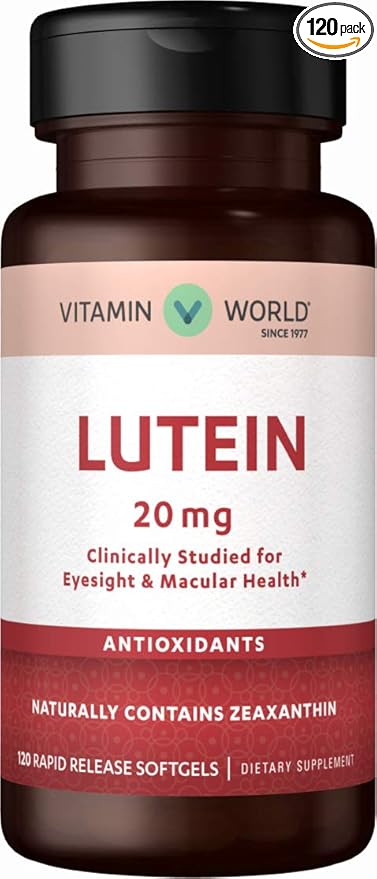 Vitamin World Lutein 20 mg. 120 Softgels Zeaxanthin Carotenoid Eye Vision Macular Health Antioxidant Rapid Release Gluten Free