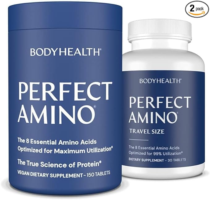 BodyHealth PerfectAmino Tablets (150ct Plus 30ct Travel Bottle) Essential Amino Acid with BCAAs + Lysine Phenylalanine Threonine Methionine Tryptophan Supplement for Recovery &amp Strength