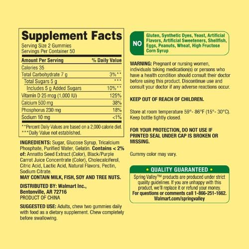 Spring Valley Calcium 500 mg Plus Vitamin D 25 mcg Bone Health Dietary Supplement Gummies 100 Count + DRI Store Sticker.